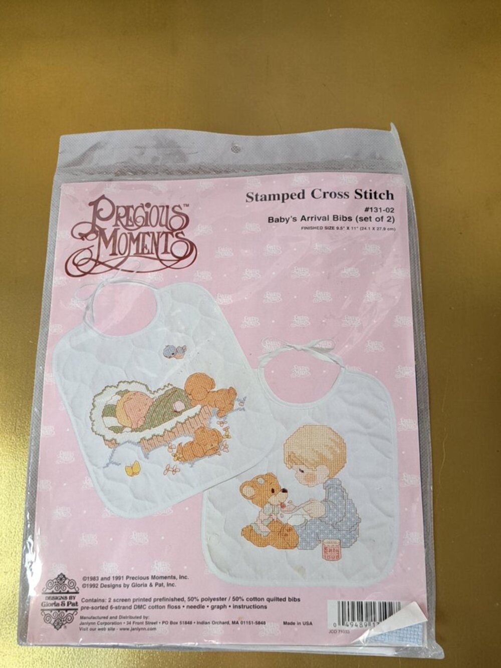 Precious Moments Baby’s Arrival Bibs Cross Stitch Kit # 131-02 1992